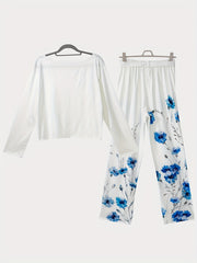 Floral Print Two piece Set Crew Neck Long Sleeve Top & Tie waist Pants