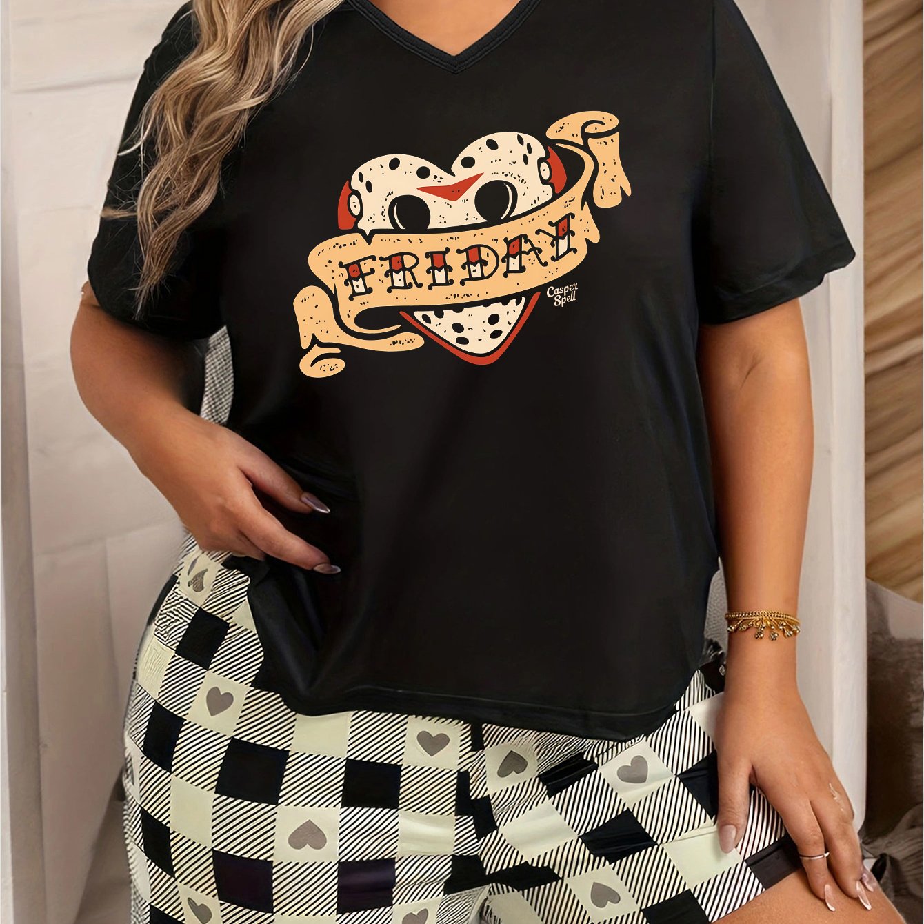 Halloween Lounge Top Women's Plus Short Sleeve V Neck Pajama Top