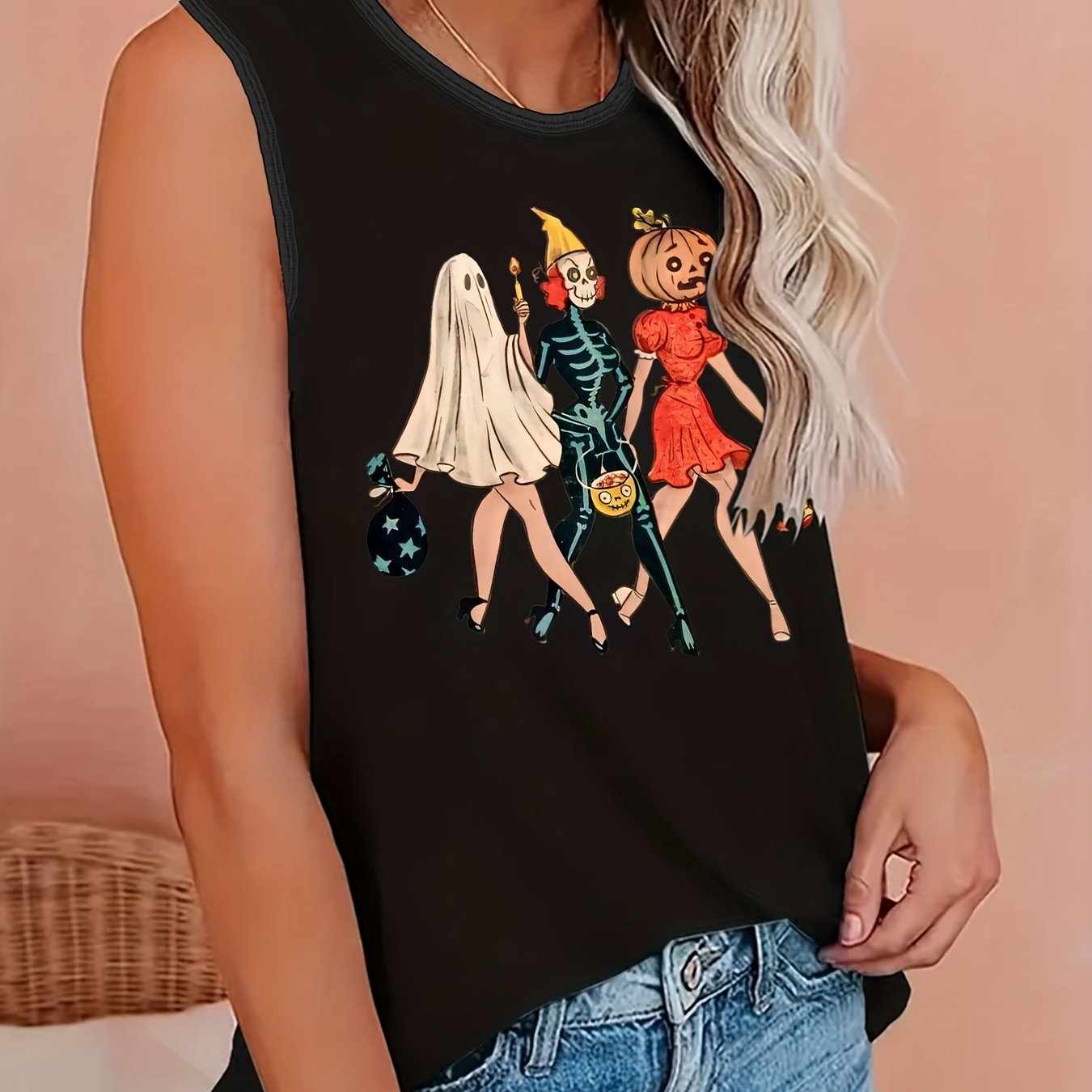 Coconut Tree & Wave Print Tank Top - Round Neck