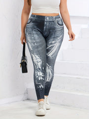 Denim Print Slim Pants Casual High Waist Long Length
