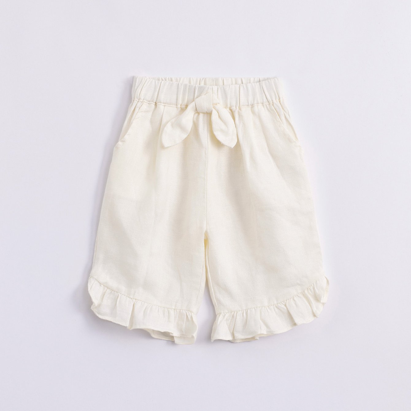 Girls Linen Elastic Shorts With Bow Tie Kids Summer Pants