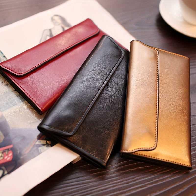Women's Slim Long Wallet with Buckle Closure Red Brown Polyester Lined