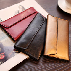 Women's Slim Long Wallet with Buckle Closure Red Brown Polyester Lined
