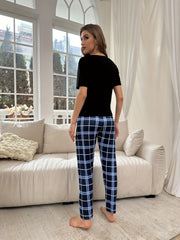 Love Print Pajama Set Crew Neck Top & Plaid Lounge Pants Women's Sleepwear