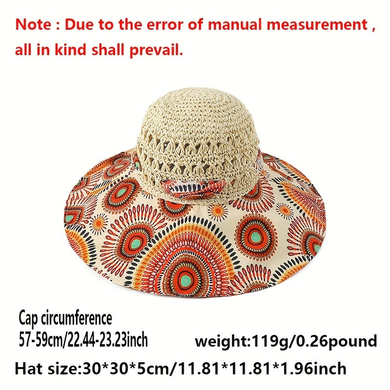 Boho Crochet Sun Hat Wide Brim Straw Hat Bowknot Fisherman Cap