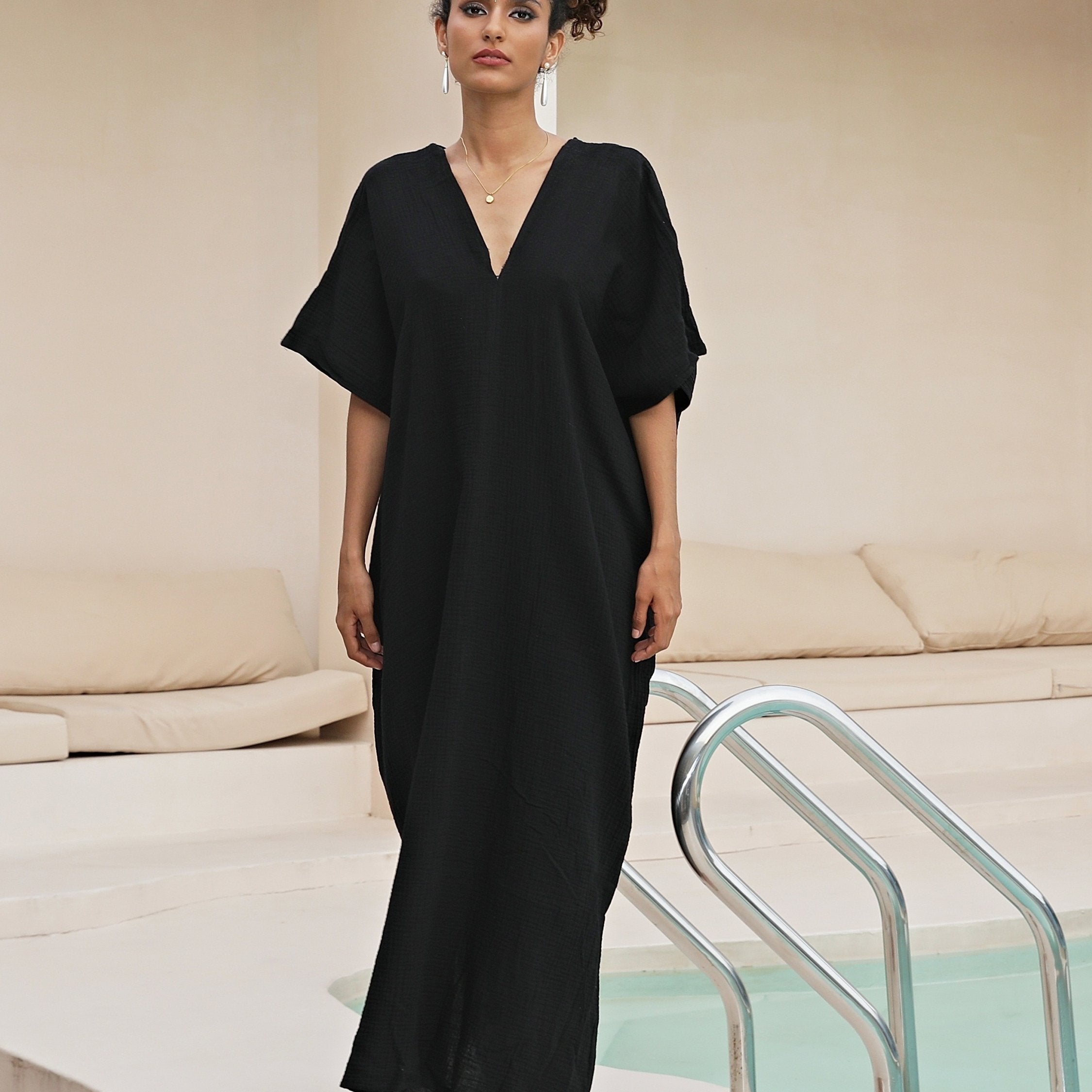 Solid Bat Sleeve V Neck Beach Cover Up Dress