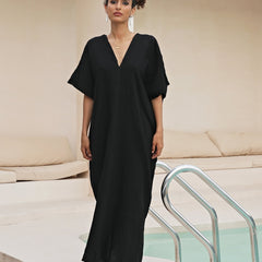 Solid Bat Sleeve V Neck Beach Cover Up Dress