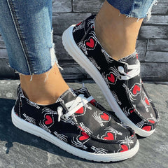 Skull & Love Heart Pattern Flat Shoes - Casual Lightweight Soft Walking Shoes