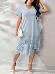 Laser Cut Short Sleeve V Neck Dress