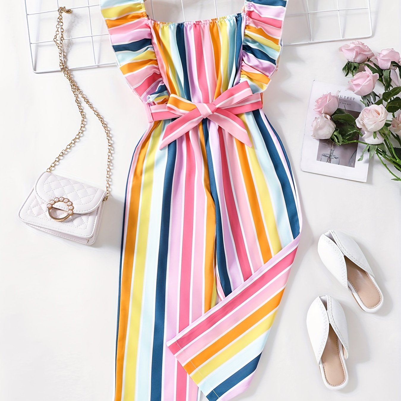Girls Striped Romper Ruffle Square Neck Jumpsuit With Belt Kids Summer Clothes