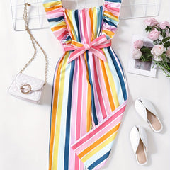 Girls Striped Romper Ruffle Square Neck Jumpsuit With Belt Kids Summer Clothes