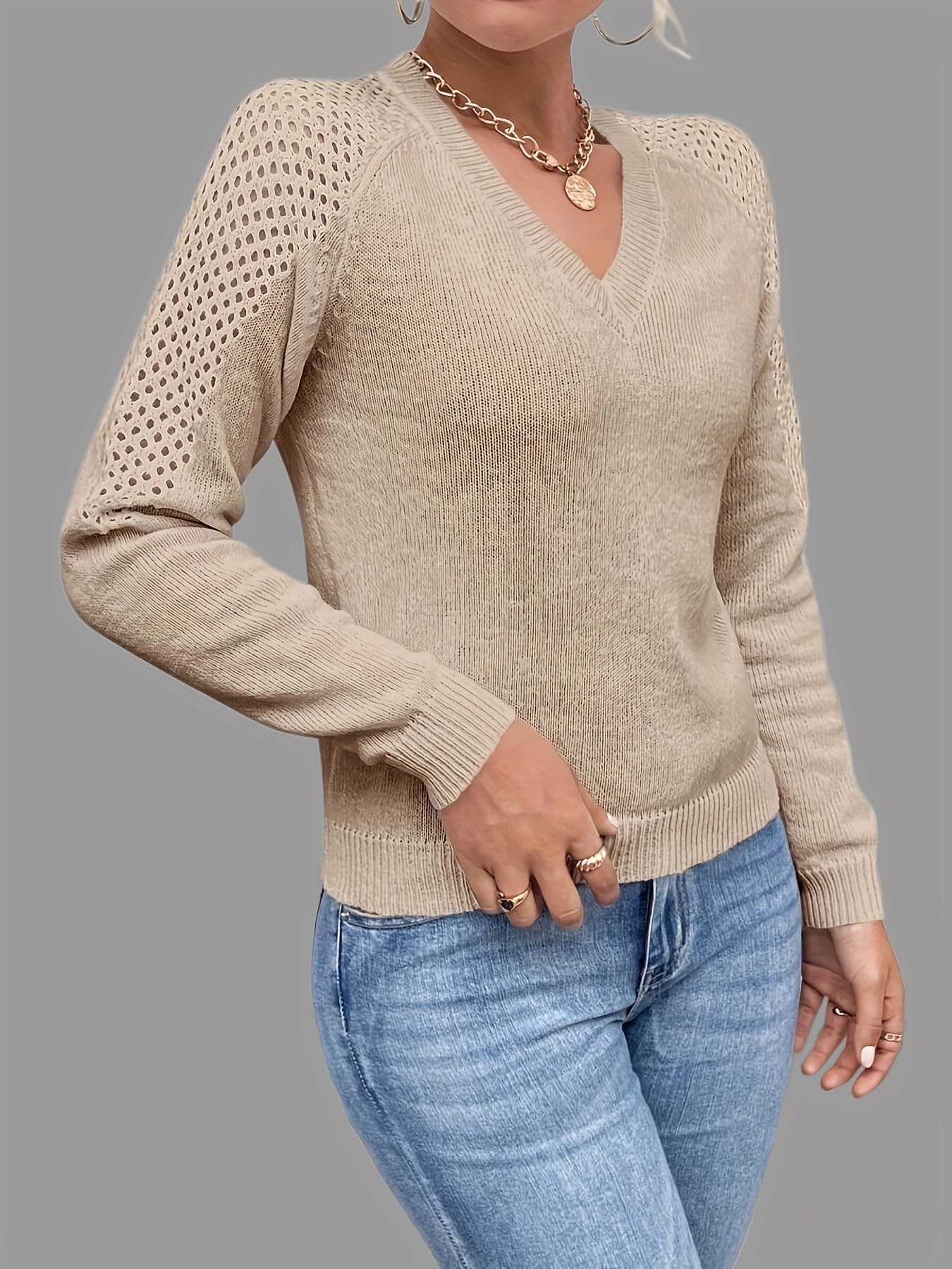Eyelet Cutout Knitted Pullover Top V Neck Sweater for Women