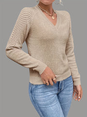 Eyelet Cutout Knitted Pullover Top V Neck Sweater for Women