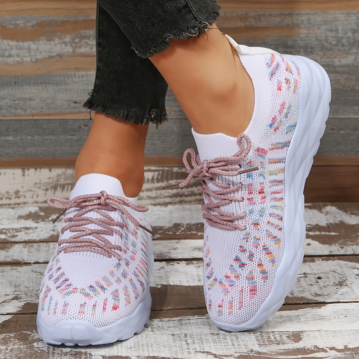 Women's Knit Lace Up Sneakers Breathable Sports Shoes