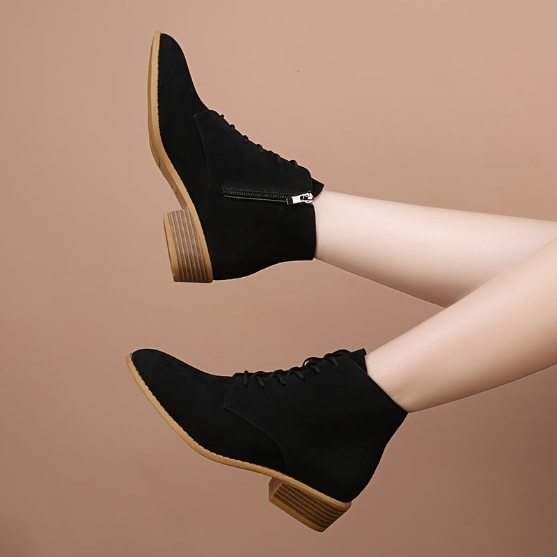 Chunky Heeled Lace Up Short Boots Side Zipper Women's Footwear