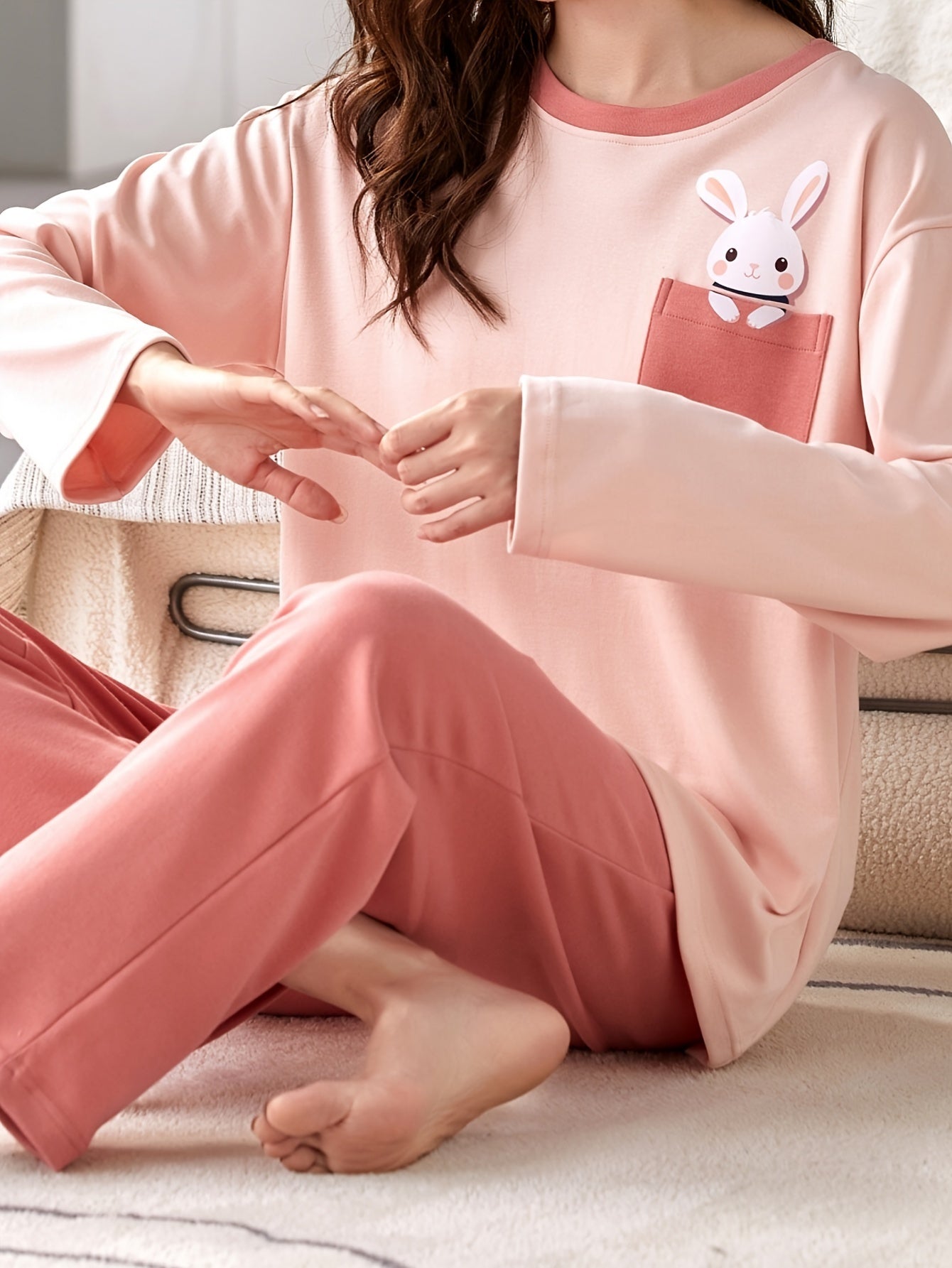 Bunny Print Lounge Set Long Sleeve Top & Pants Women's Pajamas