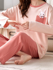 Bunny Print Lounge Set Long Sleeve Top & Pants Women's Pajamas