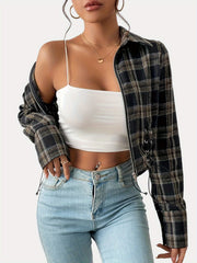 Plaid Drawstring Jacket Zip Up Casual Coat