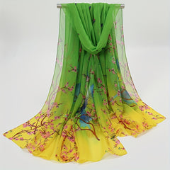 Boho Floral Print Green Scarf Vintage Thin Sunscreen Shawl