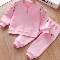 Girl's Floral Embroidered Jacket & Sweatpants Set for Spring