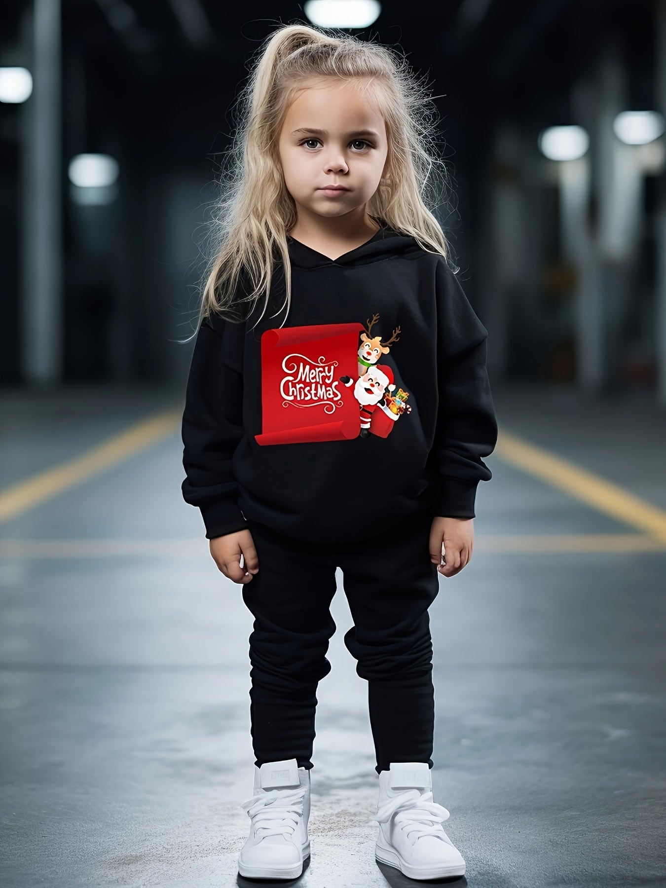 Girls Solid Hoodies Jogger Pants Set For Sports