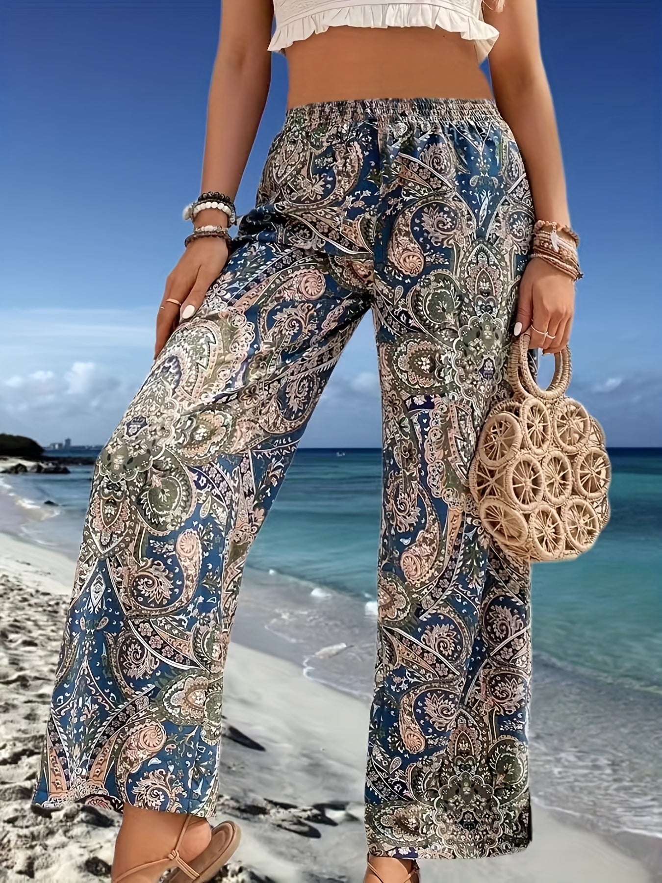 Paisley Print Wide Leg Pants Boho Elastic Waist Long Length Pants