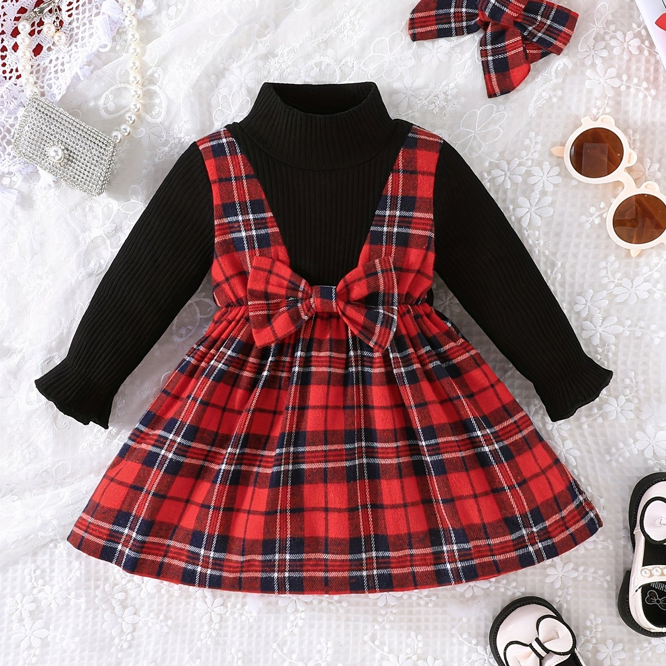 Baby Girl's Red Plaid Long Sleeve Dress Headband Set
