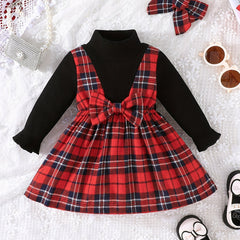 Baby Girl's Red Plaid Long Sleeve Dress Headband Set