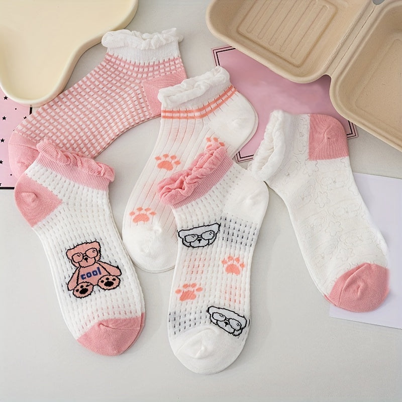 5 Pairs Bear Print & Ruffle Ankle Socks Women's Stockings