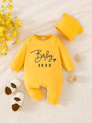 2pcs Newborn Baby Romper Long Sleeve Jumpsuit & Bear Ear Hat Set