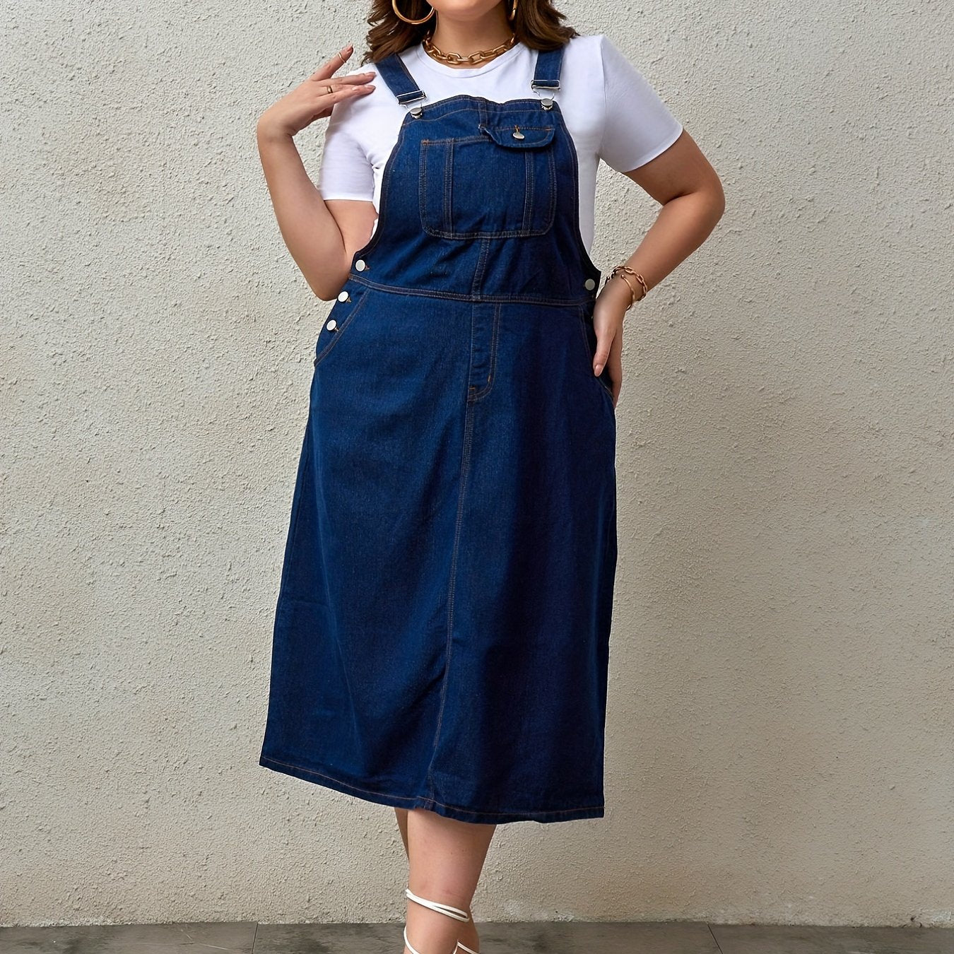 Women's Plus Size Denim Overall Dress with Adjustable Straps