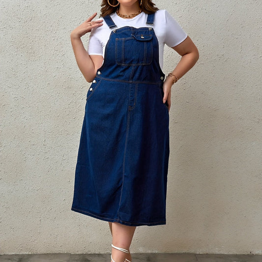 Women's Plus Size Denim Overall Dress with Adjustable Straps