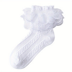 2Pairs Girls Lace Ruffle Princess Dance Socks Cotton Blend Kids Crew Socks