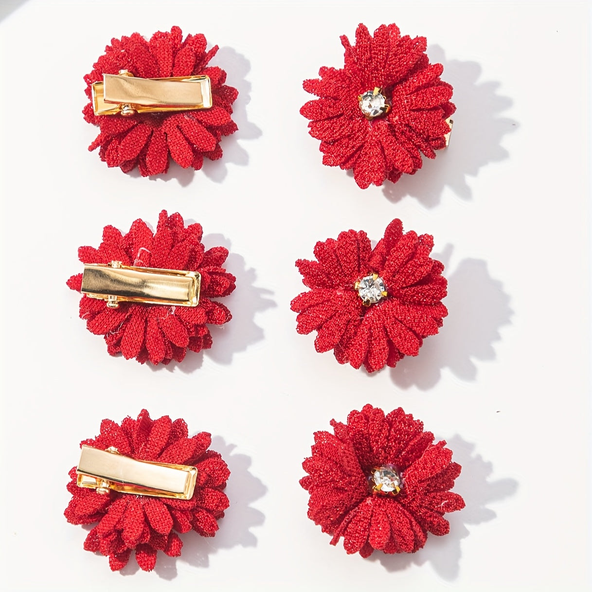 6 Pack Fabric Flower Hair Clips Set with Rhinestones