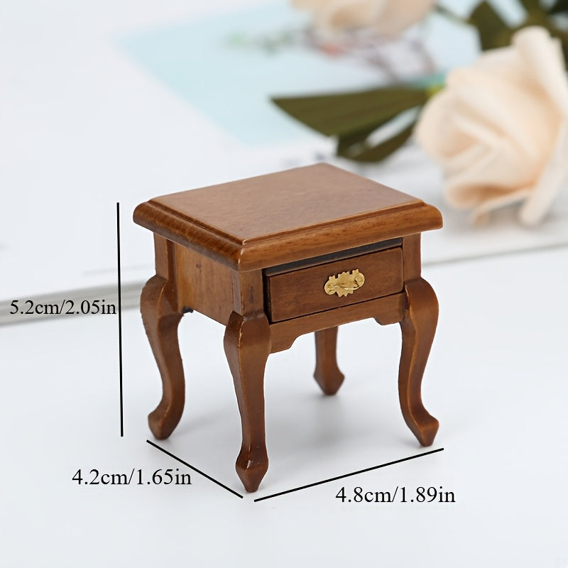 1:12 Scale Vintage Bedside Table with Retro Radio & Golden Accents