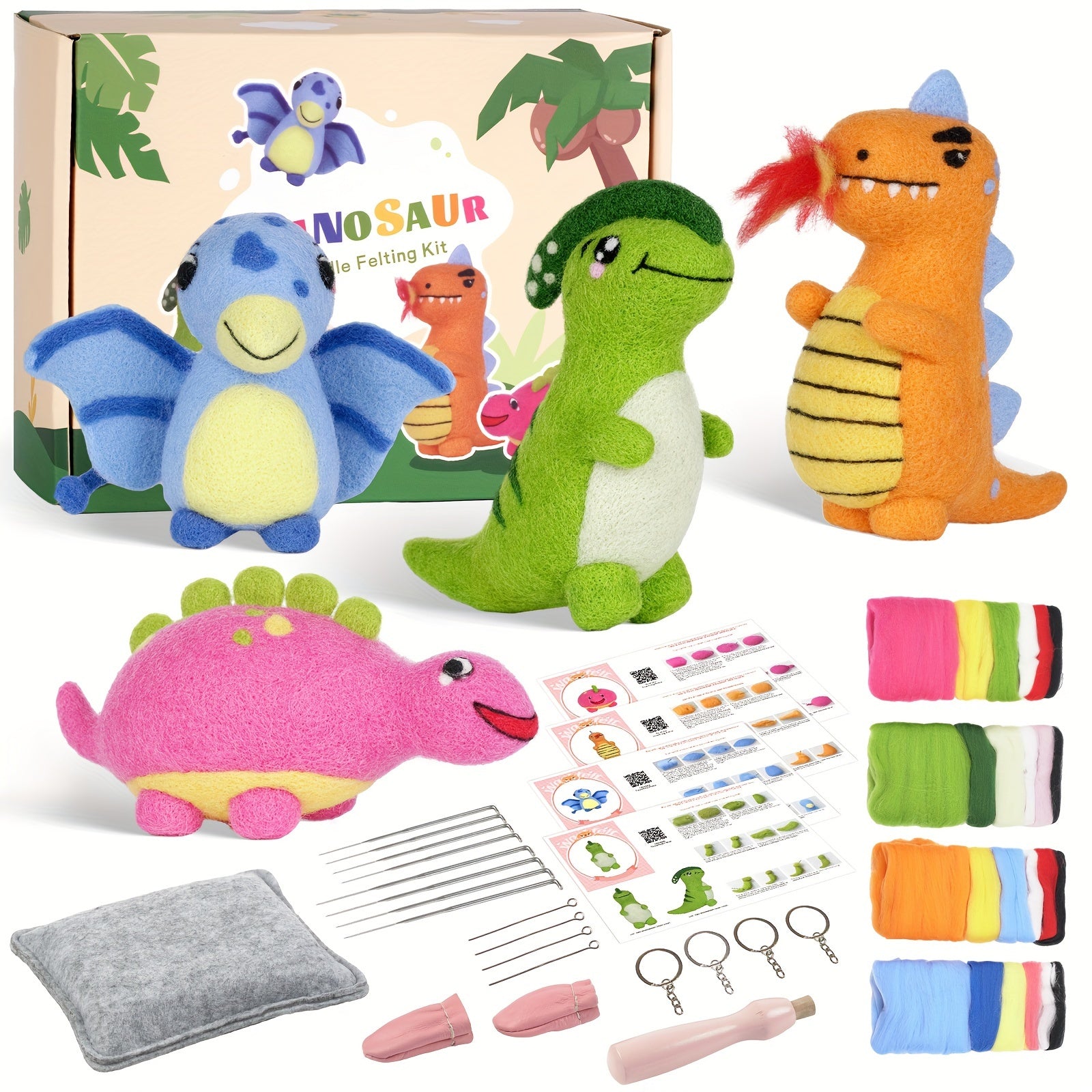 4pcs Beginner Dinosaur Christmas Needle Felting Kit DIY Craft Material