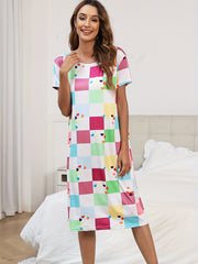 Colorblock Plaid Lounge Dresses & Comfy Short Sleeve Home Dress