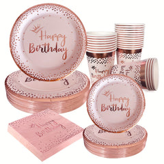 Pink Rose Golden Party Plates Napkins Cups Set for Birthday Decoration