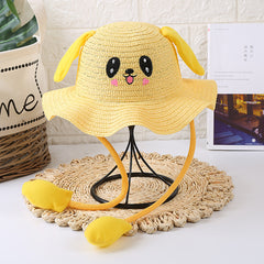 Rabbit Straw Hat for Girls Sun Protection with Moving Ears