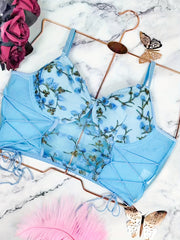 Floral Embroidery Mesh Cami Top Lace-Up Corset Bra Women's Lingerie