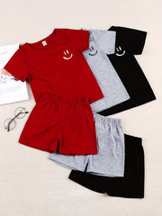 3pcs Boys Smile Face Print Short Sleeve T shirt & Sports Shorts Set