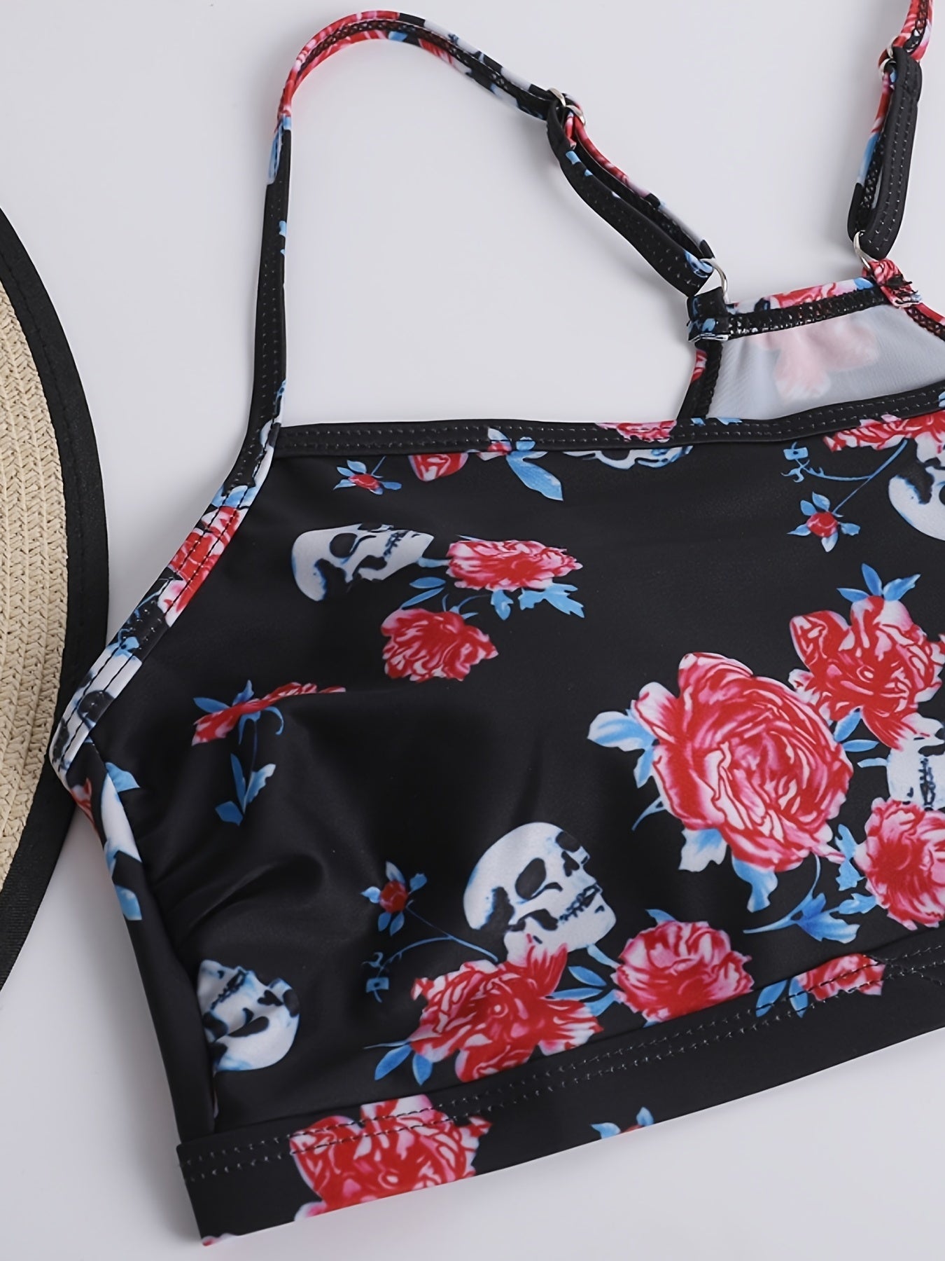 Rose & Skull Print Top & Shorts Swimsuit Set