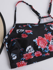 Rose & Skull Print Top & Shorts Swimsuit Set