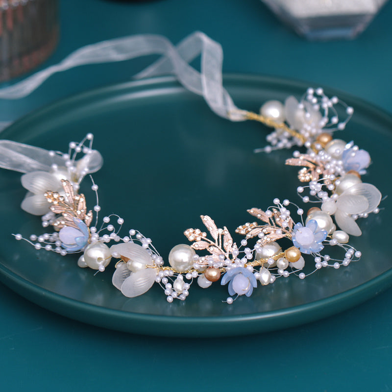 Golden Flower Bridal Headband Vines Faux Pearl Wedding Hair Accessories