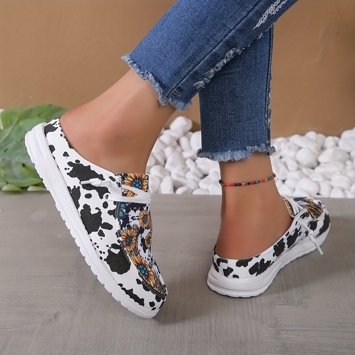 Sunflower & Cow Pattern Mule Sneakers Lace Up Shoes