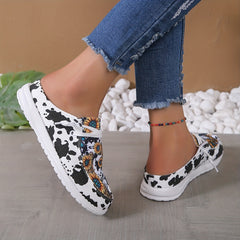 Sunflower & Cow Pattern Canvas Shoes Lace Up Flat Sneakers