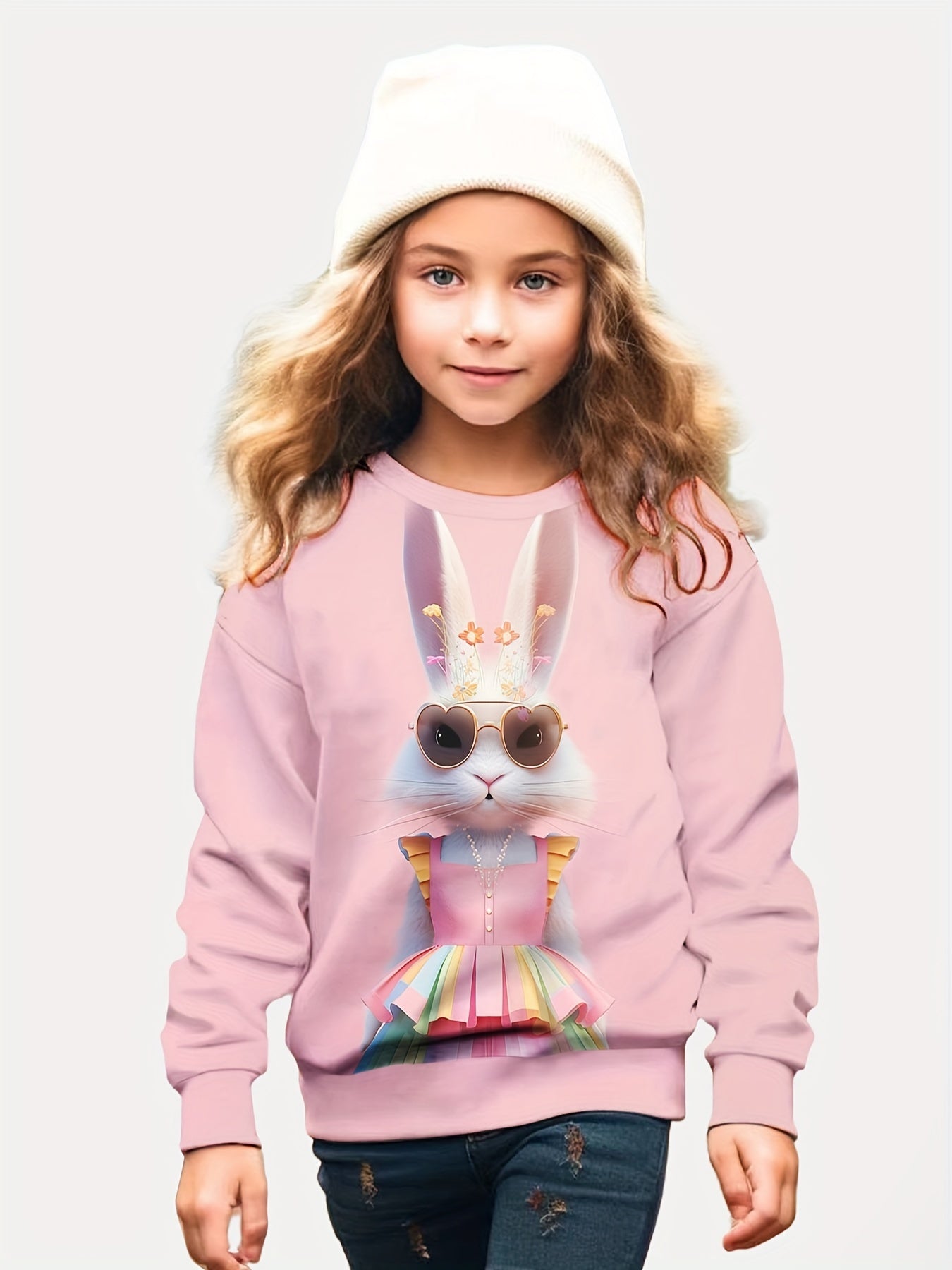 Girls Bunny Girl Graphic Sweatshirt Crew Neck Long Sleeve Pullover