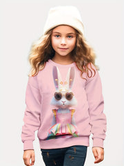 Girls Bunny Girl Graphic Sweatshirt Crew Neck Long Sleeve Pullover