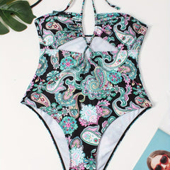 Boho Swimsuit Paisley Print Halter One Piece Bathing Suit