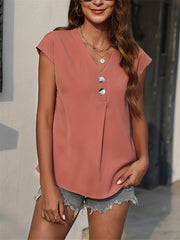 V Neck Cap Sleeve Top Button Front Solid